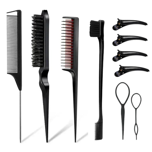 3–10 PCS Hair Styling Comb Set – Teasing Brush, Rat Tail Comb, Edge Brush & Braid Loop Tools for Professional Hairdressing
