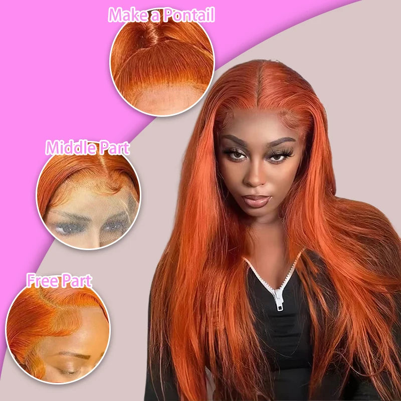 Ginger Orange #350 13x4 / 13x6 HD Lace Front Wig – 100% Peruvian Virgin Human Hair, Bone Straight, 180–200% Density, Pre-Plucked with Baby Hair