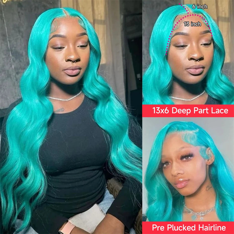 Teal Ocean Blue 13x6 HD Lace Front Wig – 100% Brazilian Remy Human Hair, 613 Blonde Base, Body Wave, Mint Green Tone, Pre-Plucked & Long 26-Inch+