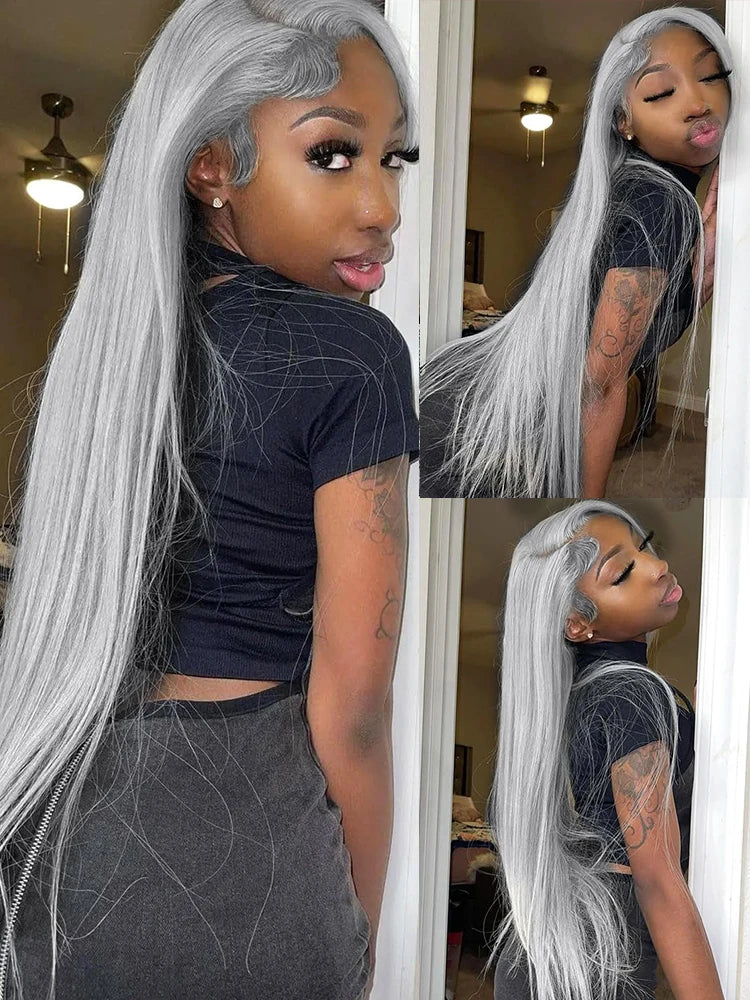 Silver Grey 13x6 HD Lace Front Wig – 100% Vietnamese Remy Human Hair, 220% Density, Straight 38-Inch, Pre-Plucked with Baby Hairline