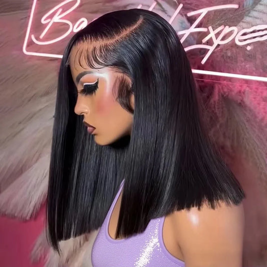 Short Bob 13x6 HD Lace Frontal Wig – 100% Brazilian Remy Human Hair, Bone Straight, Glueless & Pre-Cut 7x5 Closure, Ready to Wear