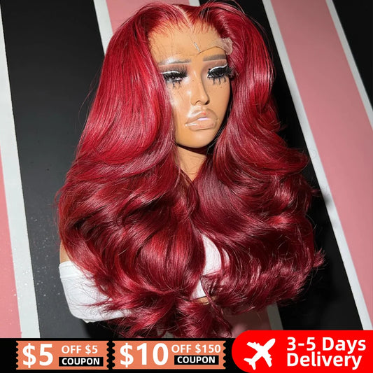 99J Burgundy HD Lace Front Wig – 100% Brazilian Remy Human Hair, Body Wave, 13x4 / 13x6 Transparent Lace, 180–250% Density, Pre-Plucked, Glueless & Long 26-Inch+