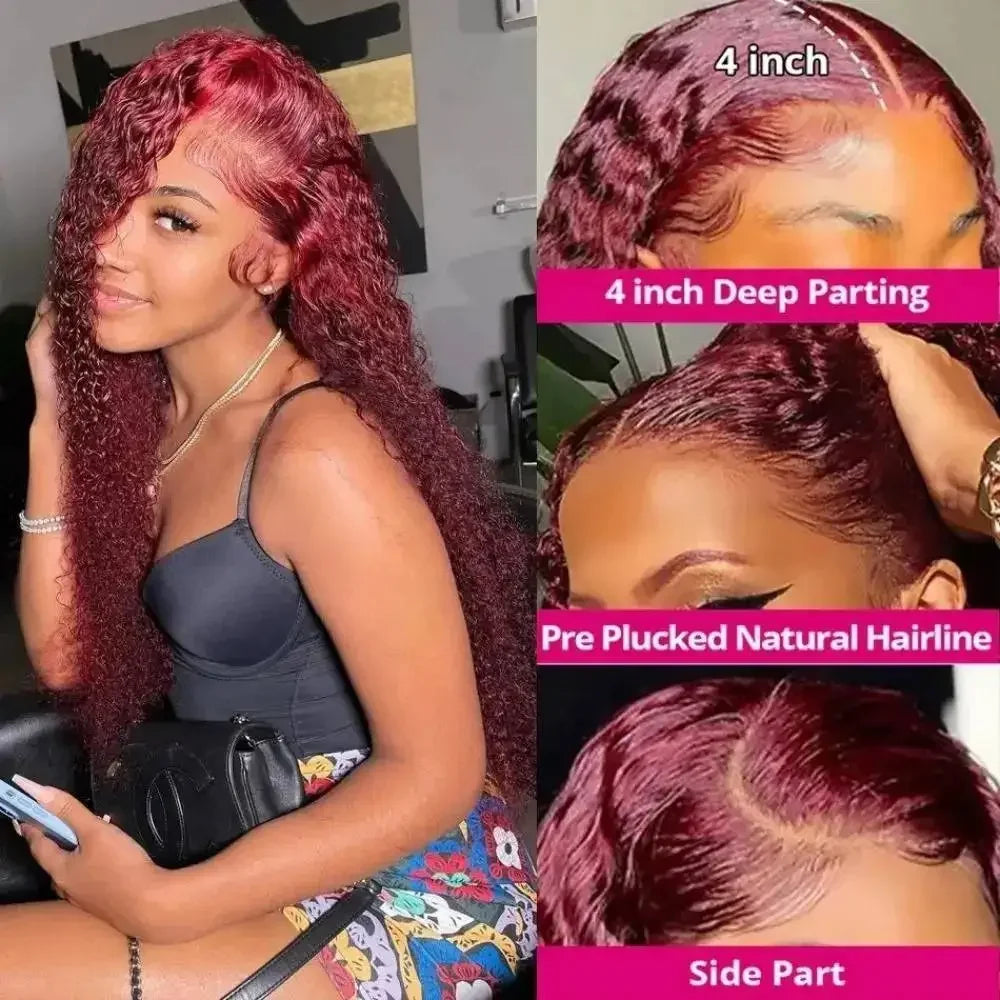 99J Burgundy 13x4 / 13x6 HD Lace Front Wig – 100% Brazilian Remy Human Hair, Deep Wave, 200% Density, Full Frontal, Pre-Plucked with Baby Hair, Long 18–46 Inch