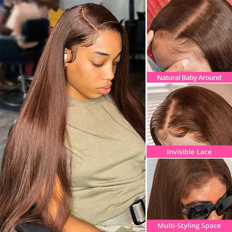 Chocolate Brown 13x4 / 13x6 HD Lace Front Wig – 100% European Remy Human Hair, Bone Straight, Transparent Lace, Pre-Plucked with Baby Hair, 200% Density, Long 26–46 Inch