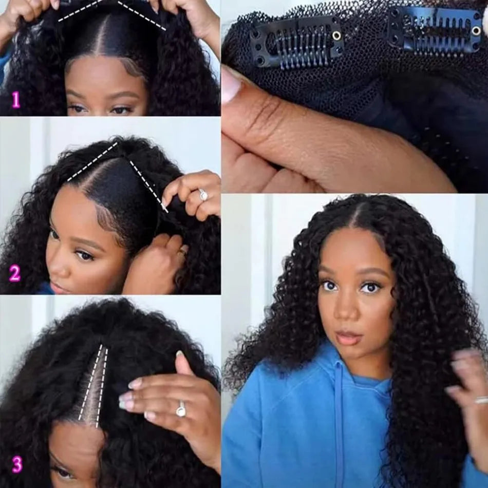 Curly V Part Wig – 30 Inch Deep Wave, Glueless No Leave Out, Brazilian Human Hair, 180%-220% Density, Natural Color