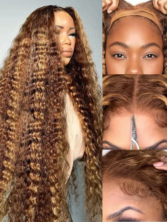 Highlight Ombre 13x4 / 7x5 HD Lace Front Wig – 100% Brazilian Remy Human Hair, Deep Water Wave, 250% Density, Glueless “Wear & Go” Wig, Pre-Plucked, Brown Ombre