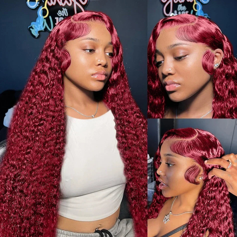 99J Burgundy 13x4 / 13x6 HD Lace Front Wig – 100% Brazilian Remy Human Hair, Deep Wave, 200% Density, Full Frontal, Pre-Plucked with Baby Hair, Long 18–46 Inch