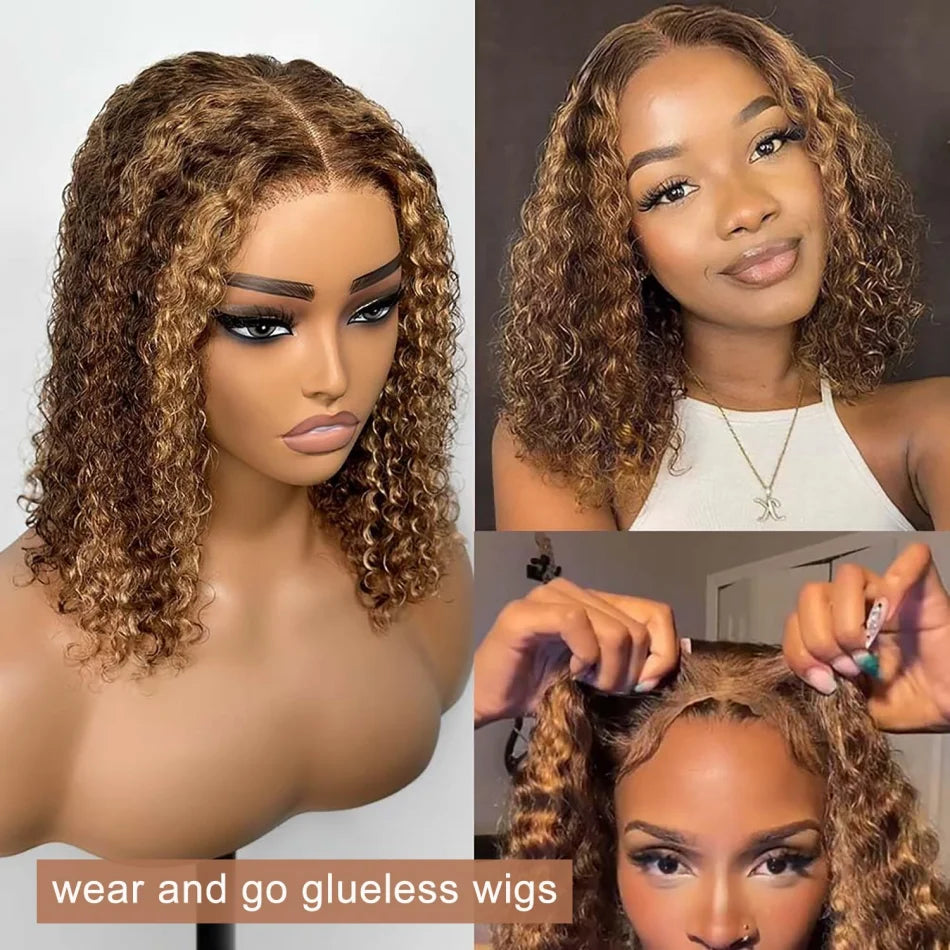 Honey Blonde Highlight Bob Wig – 100% Brazilian Human Hair, 5x5 HD Lace Closure, Curly Deep Wave, Glueless Pre-Cut Wig, Ombre P4/27, 200% Density