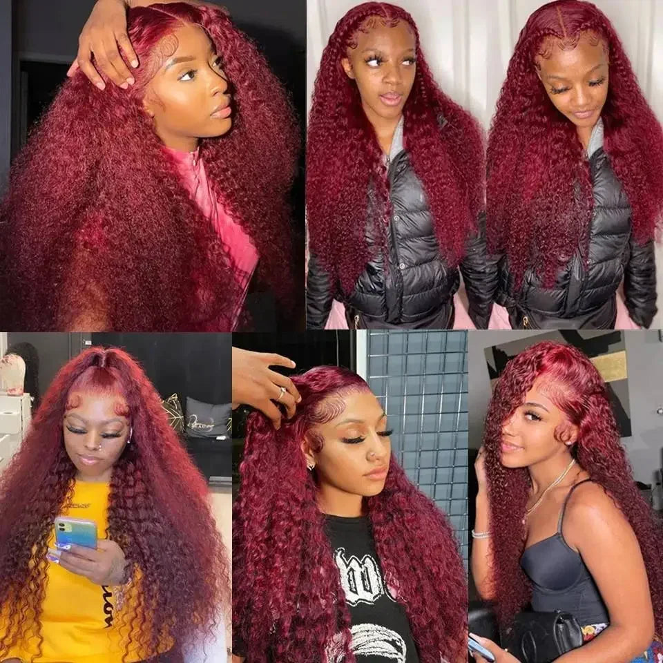 99J Burgundy 13x4 / 13x6 HD Lace Front Wig – 100% Brazilian Remy Human Hair, Deep Wave, 200% Density, Full Frontal, Pre-Plucked with Baby Hair, Long 18–46 Inch