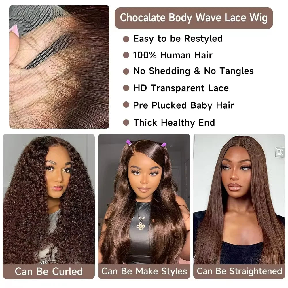 Chocolate Brown 13x6 HD Lace Front Wig – 100% Brazilian Remy Human Hair, 200% Density, Body Wave 46-Inch, Pre-Plucked with Baby Hair