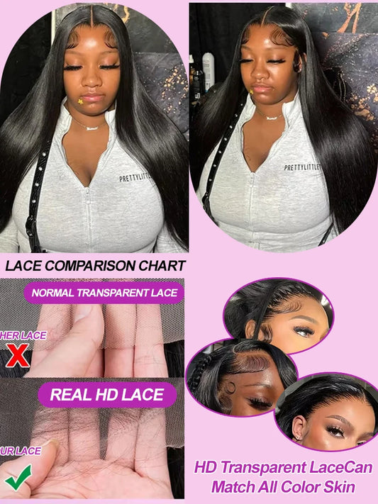 Brazilian Bone Straight 13x6 HD Lace Front Wig – 100% Remy Human Hair, 300% Density, 30–40 Inch Long, Pre-Plucked for Black Women