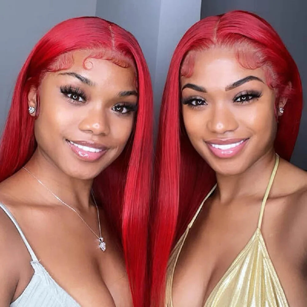 Hot Red 13x4 HD Lace Front Wig – 100% Brazilian Remy Human Hair, Bone Straight, 99J Burgundy Color, Pre-Plucked with Baby Hair, Long 26-Inch+