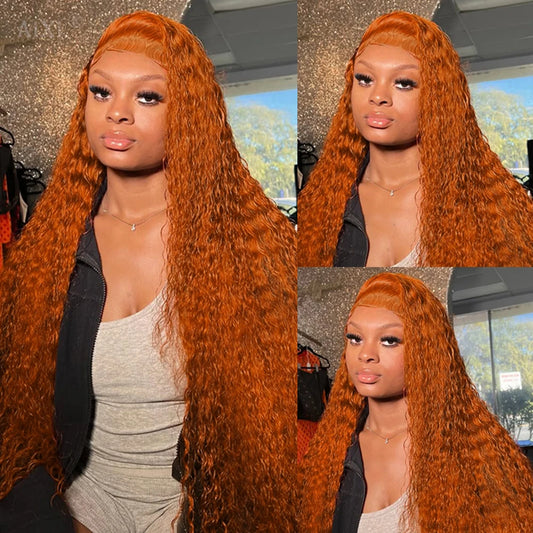 Ginger Orange 13x4 / 13x6 HD Lace Front Wig – 100% Brazilian Remy Human Hair, Deep Wave / Water Wave, Pre-Plucked with Baby Hair, Long 38 Inch
