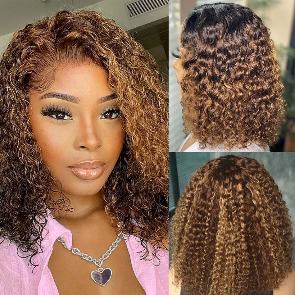 Honey Blonde Highlight Bob Wig – 100% Brazilian Human Hair, 5x5 HD Lace Closure, Curly Deep Wave, Glueless Pre-Cut Wig, Ombre P4/27, 200% Density