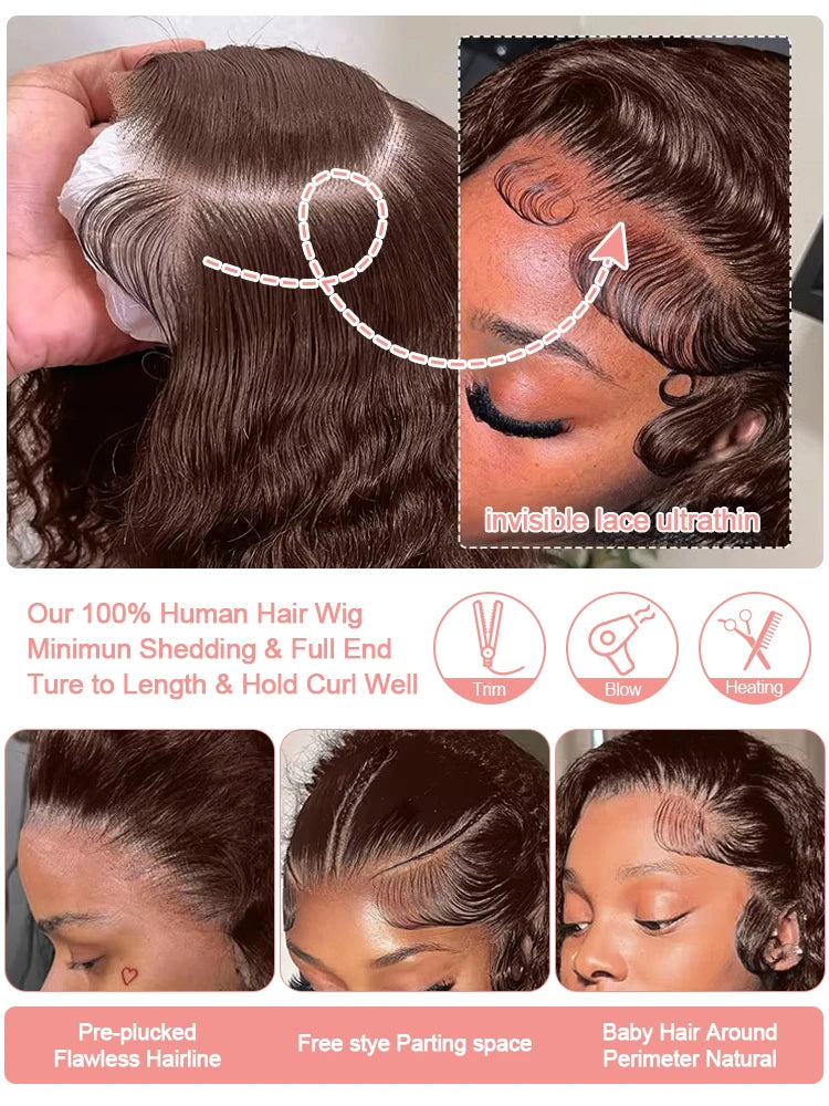 Chocolate Brown 13x4 / 13x6 HD Lace Front Wig – 100% Brazilian Virgin Human Hair, Deep Curly / Water Wave, 180–250% Density, Long 30–36 Inch, Pre-Plucked with Baby Hair