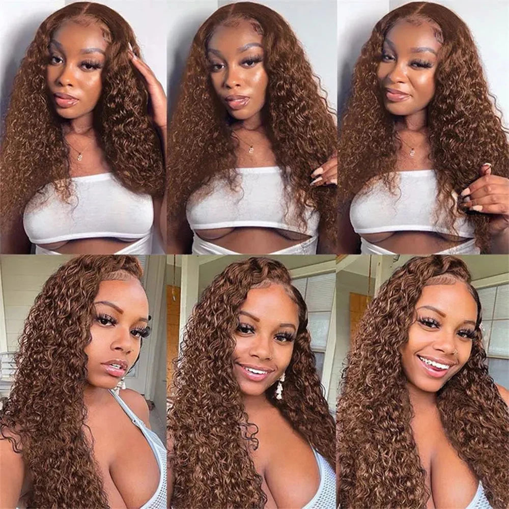 Chocolate Brown 13x4 / 13x6 HD Lace Front Wig – 100% Brazilian Virgin Human Hair, Deep Curly / Water Wave, 180–250% Density, Long 30–36 Inch, Pre-Plucked with Baby Hair