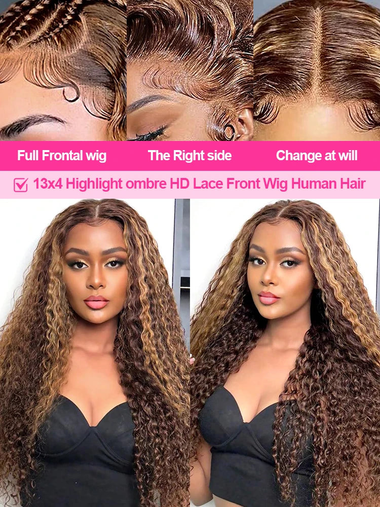 Highlight Ombre 13x4 / 7x5 HD Lace Front Wig – 100% Brazilian Remy Human Hair, Deep Water Wave, 250% Density, Glueless “Wear & Go” Wig, Pre-Plucked, Brown Ombre