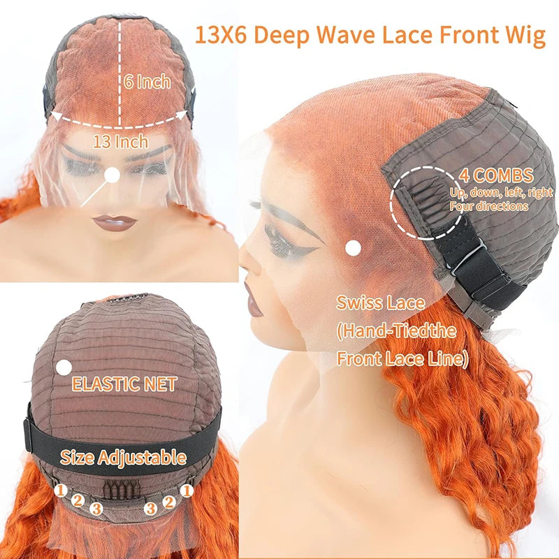Ginger Orange 13x4 / 13x6 HD Lace Front Wig – 100% Brazilian Remy Human Hair, Deep Wave / Water Wave, Pre-Plucked with Baby Hair, Long 38 Inch