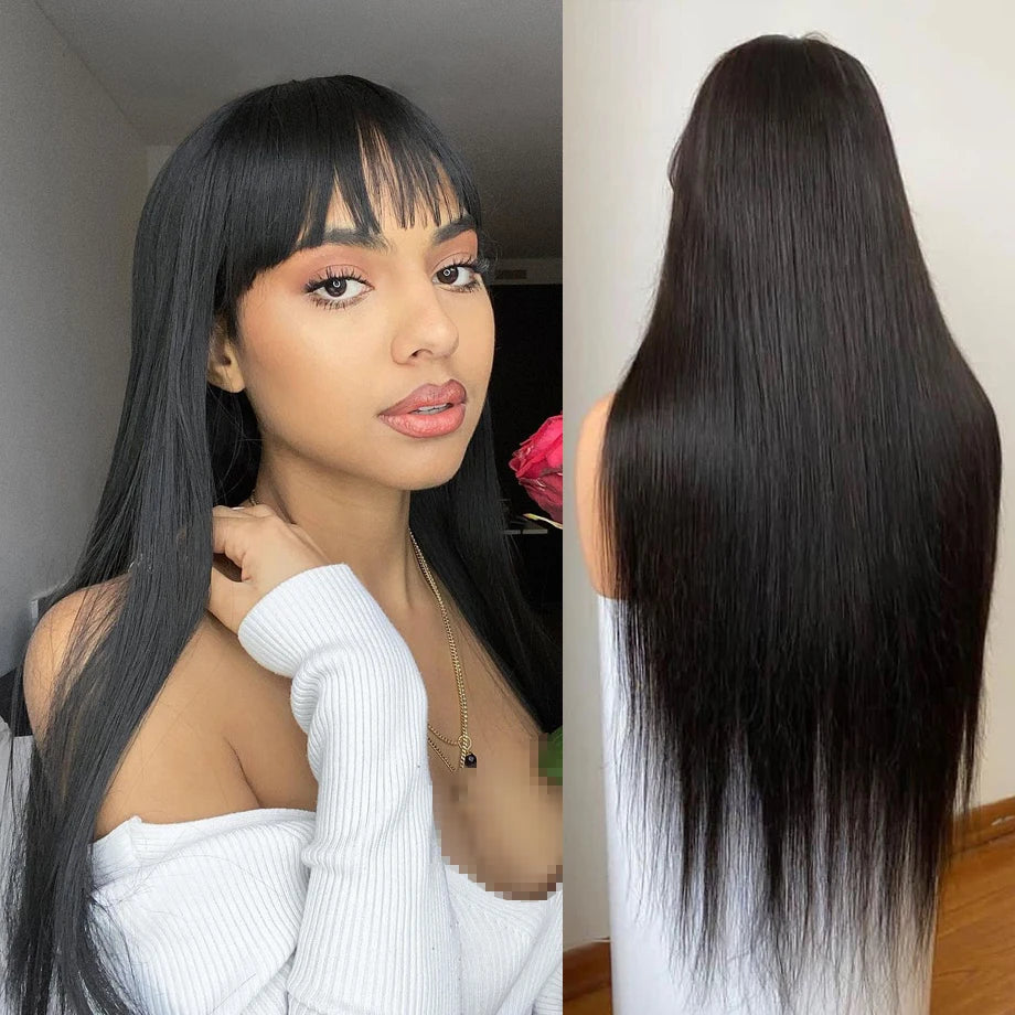 Bone Straight Human Hair Wig with Bangs – 100% Brazilian Remy, 30 Inch Long, 3x1 HD Lace, Glueless Natural Black Wig for Women