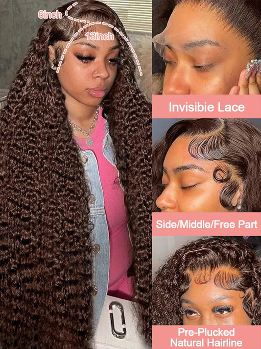 Chocolate Brown 13x4 / 13x6 HD Lace Front Wig – 100% Brazilian Virgin Human Hair, Deep Curly / Water Wave, 180–250% Density, Long 30–36 Inch, Pre-Plucked with Baby Hair
