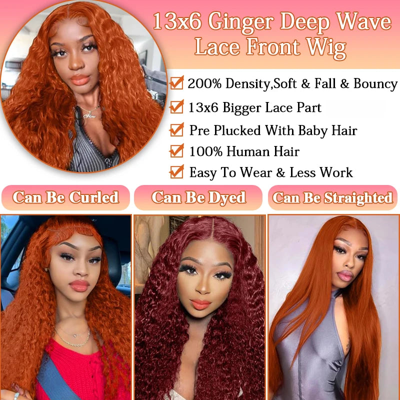 Ginger Orange 13x4 / 13x6 HD Lace Front Wig – 100% Brazilian Remy Human Hair, Deep Wave / Water Wave, Pre-Plucked with Baby Hair, Long 38 Inch