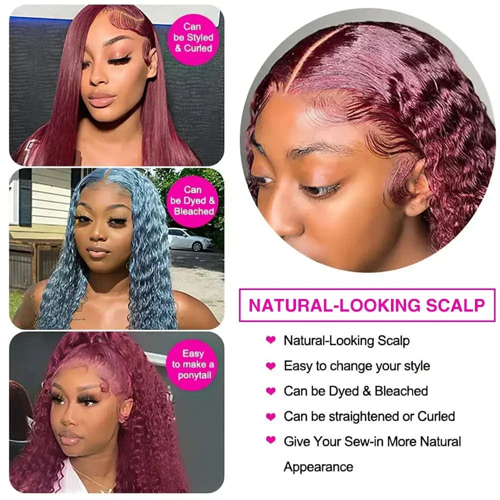 99J Burgundy 13x4 / 13x6 HD Lace Front Wig – 100% Brazilian Remy Human Hair, Deep Wave, 200% Density, Full Frontal, Pre-Plucked with Baby Hair, Long 18–46 Inch