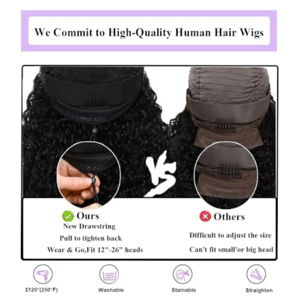 Curly V Part Wig – 30 Inch Deep Wave, Glueless No Leave Out, Brazilian Human Hair, 180%-220% Density, Natural Color