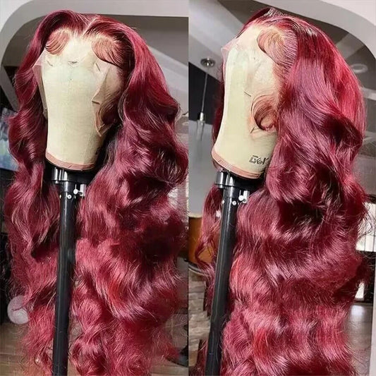 99J Burgundy 13x6 / 13x4 HD Lace Front Wig – 100% Brazilian Remy Human Hair, Body Wave, 200% Density, Long 30–36 Inch, Pre-Plucked & Transparent Lace
