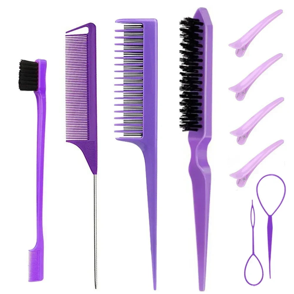 3–10 PCS Hair Styling Comb Set – Teasing Brush, Rat Tail Comb, Edge Brush & Braid Loop Tools for Professional Hairdressing