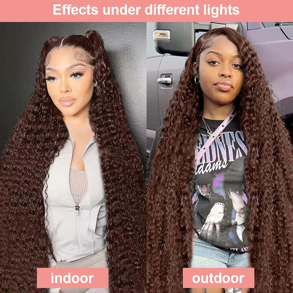 Chocolate Brown 13x4 / 13x6 HD Lace Front Wig – 100% Brazilian Virgin Human Hair, Deep Curly / Water Wave, 180–250% Density, Long 30–36 Inch, Pre-Plucked with Baby Hair