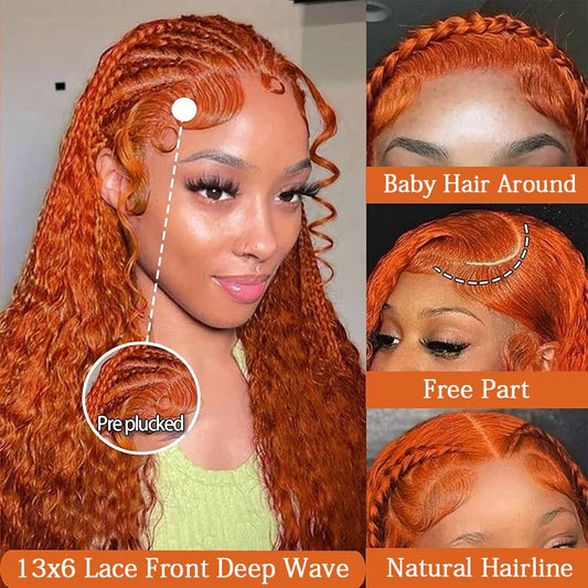 Ginger Orange 13x4 / 13x6 HD Lace Front Wig – 100% Brazilian Remy Human Hair, Deep Wave / Water Wave, Pre-Plucked with Baby Hair, Long 38 Inch