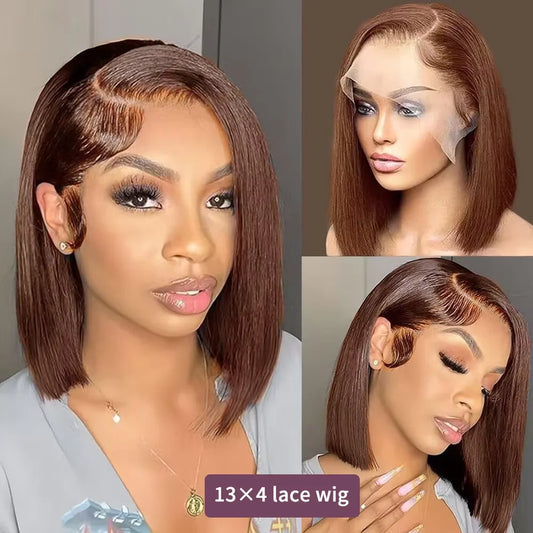 Chocolate Brown 13x4 HD Lace Front Bob Wig – 100% Brazilian Remy Human Hair, Bone Straight, Full Frontal, Pre-Plucked with Baby Hair, 220% Density