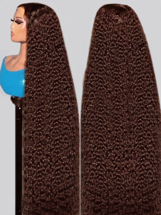 Chocolate Brown 13x4 / 13x6 HD Lace Front Wig – 100% Brazilian Virgin Human Hair, Deep Curly / Water Wave, 180–250% Density, Long 30–36 Inch, Pre-Plucked with Baby Hair