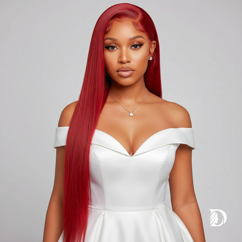 Hot Red 13x4 HD Lace Front Wig – 100% Brazilian Remy Human Hair, Bone Straight, 99J Burgundy Color, Pre-Plucked with Baby Hair, Long 26-Inch+