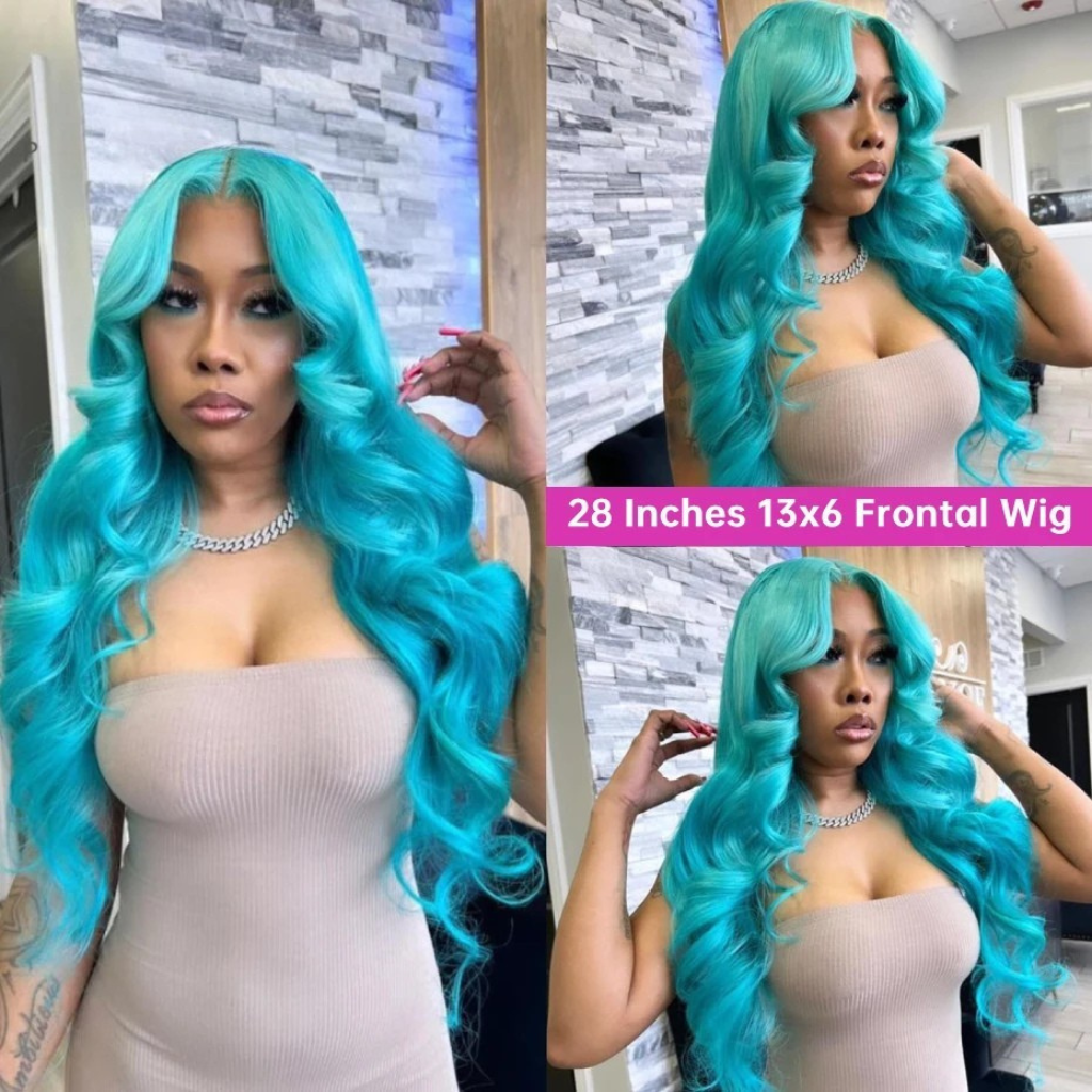Cyan Blue & Light Green 13x6 HD Lace Front Wig – 100% Brazilian Remy Human Hair, Body Wave, 613 Blonde Base, Pre-Plucked, Long 26-Inch+