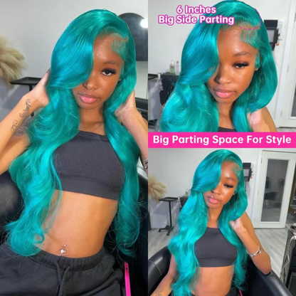 Cyan Blue & Light Green 13x6 HD Lace Front Wig – 100% Brazilian Remy Human Hair, Body Wave, 613 Blonde Base, Pre-Plucked, Long 26-Inch+