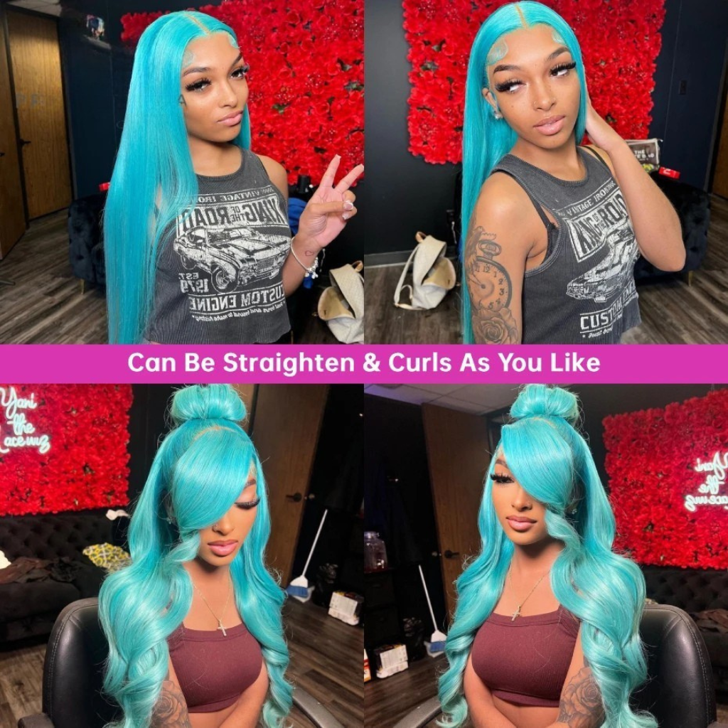 Cyan Blue & Light Green 13x6 HD Lace Front Wig – 100% Brazilian Remy Human Hair, Body Wave, 613 Blonde Base, Pre-Plucked, Long 26-Inch+