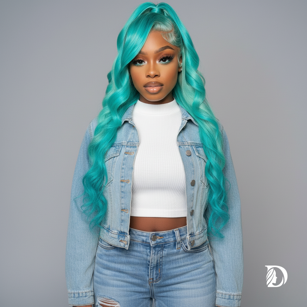 Cyan Blue & Light Green 13x6 HD Lace Front Wig – 100% Brazilian Remy Human Hair, Body Wave, 613 Blonde Base, Pre-Plucked, Long 26-Inch+