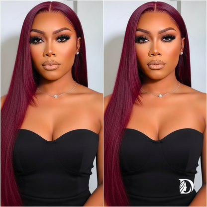 28–36 Inch Burgundy 99J HD Lace Front Wig – 100% Brazilian Remy Human Hair, Bone Straight, 13x6 Transparent Lace, 180–200% Density, Pre-Plucked with Baby Hair