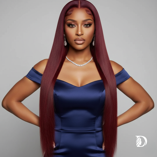 30-Inch Burgundy 99J HD Lace Front Wig – 100% Brazilian Remy Human Hair, Bone Straight, 13x4 / 13x6 Transparent Lace, 200–220% Density, Pre-Plucked with Baby Hair