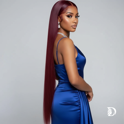 99J Burgundy 13x4 / 13x6 HD Lace Front Wig – 100% Brazilian Remy Human Hair, Full Frontal, Bone Straight, Pre-Plucked with Baby Hair, Transparent Lace, Long 26-Inch+