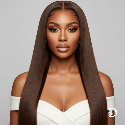 Chocolate Brown 13x4 / 13x6 HD Lace Front Wig – 100% European Remy Human Hair, Bone Straight, Transparent Lace, Pre-Plucked with Baby Hair, 200% Density, Long 26–46 Inch
