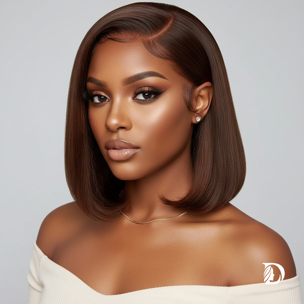 Chocolate Brown 13x4 HD Lace Front Bob Wig – 100% Brazilian Remy Human Hair, Bone Straight, Full Frontal, Pre-Plucked with Baby Hair, 220% Density