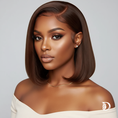 Chocolate Brown 13x4 HD Lace Front Bob Wig – 100% Brazilian Remy Human Hair, Bone Straight, Full Frontal, Pre-Plucked with Baby Hair, 220% Density