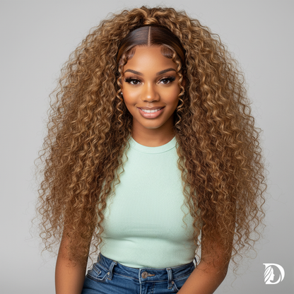 Highlight Ombre 13x4 / 13x6 HD Lace Front Wig – 100% Brazilian Remy Human Hair, Deep Wave / Water Wave Texture, Pre-Plucked Hairline, P4/27 Color, Long 26-Inch+