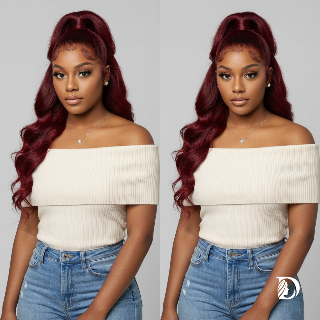 99J Burgundy HD Lace Front Wig – 100% Brazilian Remy Human Hair, Body Wave, 13x4 / 13x6 Transparent Lace, 180–250% Density, Pre-Plucked, Glueless & Long 26-Inch+