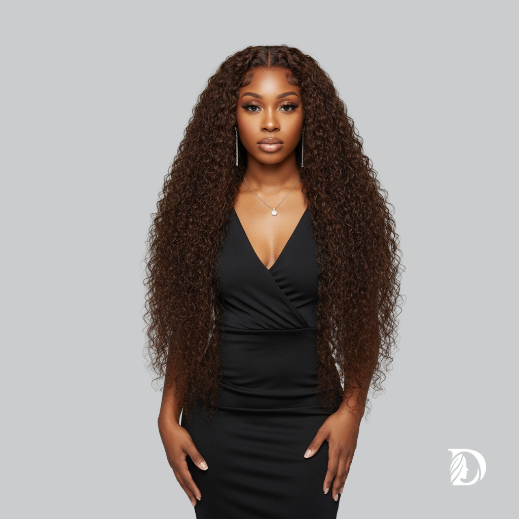 Chocolate Brown 13x4 / 13x6 HD Lace Front Wig – 100% Brazilian Virgin Human Hair, Deep Curly / Water Wave, 180–250% Density, Long 30–36 Inch, Pre-Plucked with Baby Hair