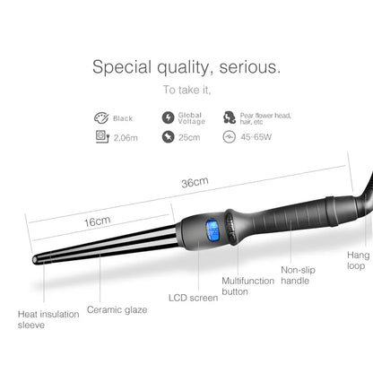 LCD Conical Curling Iron – Ceramic Glaze Pear Flower Cone, Single Tube Hair Curler with Adjustable Temperature (80–210°C) and 360° Rotating Cord