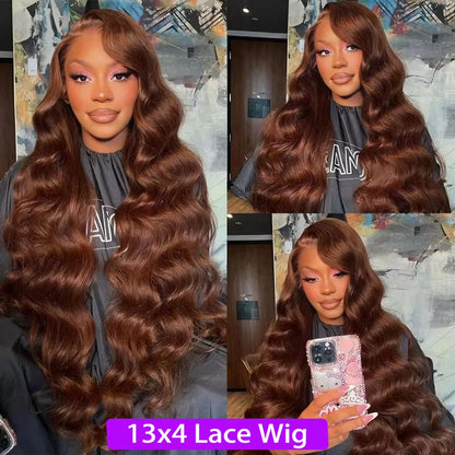 Body Wave Chocolate Brown Lace Front Wig – 13x6 / 13x4 Pre-Plucked Human Hair Wig | 30-34 Inch Brazilian Wig