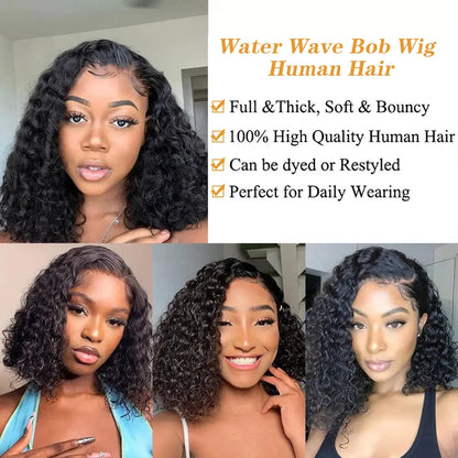 Short Curly Water Wave HD Lace Front Wig – 100% Indian Remy Human Hair, 13x4 / 13x6 Transparent Lace, Pre-Plucked Bob Wig with Baby Hair, 180% Density